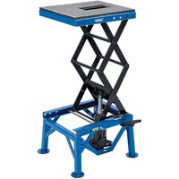 Blue Draper hydraulic motorcycle scissor lift with black platform and foot pedal, supports up to 135kg.