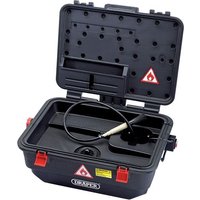 Black Draper 230V portable parts washer with red latches, flexible hose, and perforated lid.