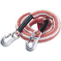 Red and white Draper concertina tow rope with metal hooks, 2500Kg capacity.