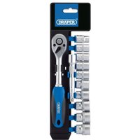 Draper 3/8'' Sq. Dr. Metric Socket and Ratchet Set with blue handle, silver sockets on black holder.
