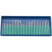 Blue tray with 30 diamond burrs, each with a green handle and various shaped tips.