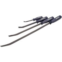 Draper 4 Piece Pry Bar Set with black steel shafts and blue ergonomic handles, various lengths.