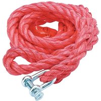 Red Draper tow rope with metal hooks and attached safety flag, 4000Kg capacity, coiled for storage.