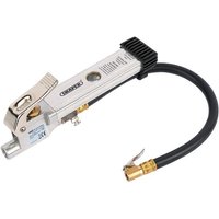 Draper air line inflator with silver body, black grip, open-ended clip-on connector, and flexible black hose.