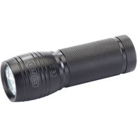 Black Draper aluminium torch with textured grip, LED bulb, and compact cylindrical design for 3 AA batteries.