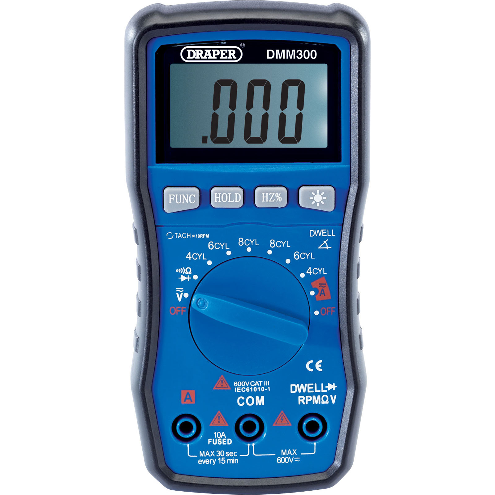 Blue and gray automotive digital multimeter with a large LCD display, rotary selector switch, and various measurement settings for voltage, current, and resistance.