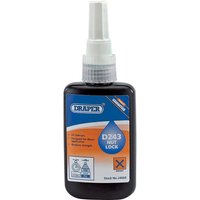 "Draper D243 Nut Lock bottle with blue and orange label, white nozzle, and clear cap"