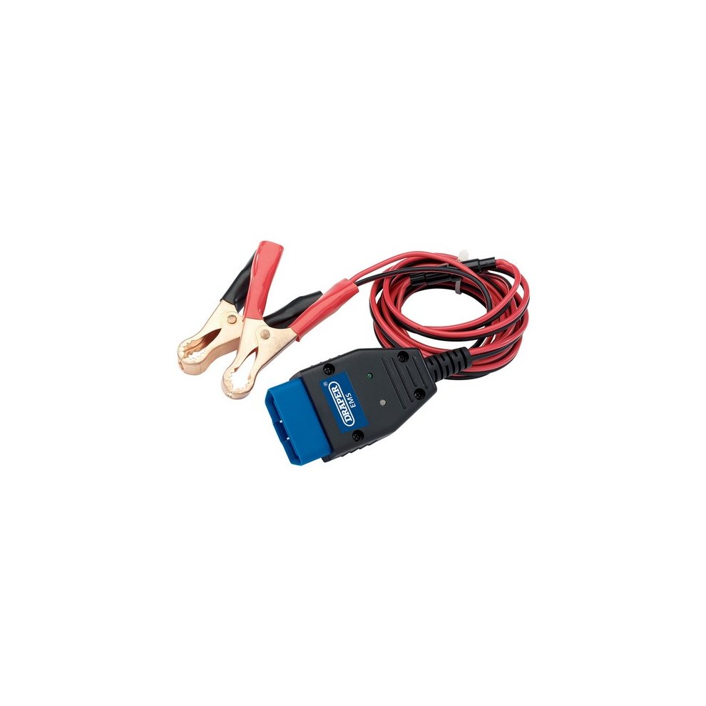 Draper 22231 EOBD Memory Saver features a blue connector with red and black wires, and alligator clips for battery connection, designed to preserve vehicle settings during maintenance.