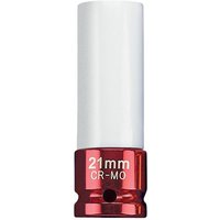 Red and white Draper Expert 21mm Hi-Torq wheel nut socket with 1/2" square drive for alloy wheels.