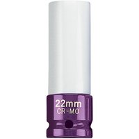 Purple and white Draper Expert 22mm Hi-Torq wheel nut socket for alloy wheels, marked "22mm CR-MO".