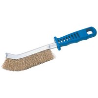 Blue-handled Draper Expert 250MM wire brush with brass bristles and a curved design for general purpose or welding use.