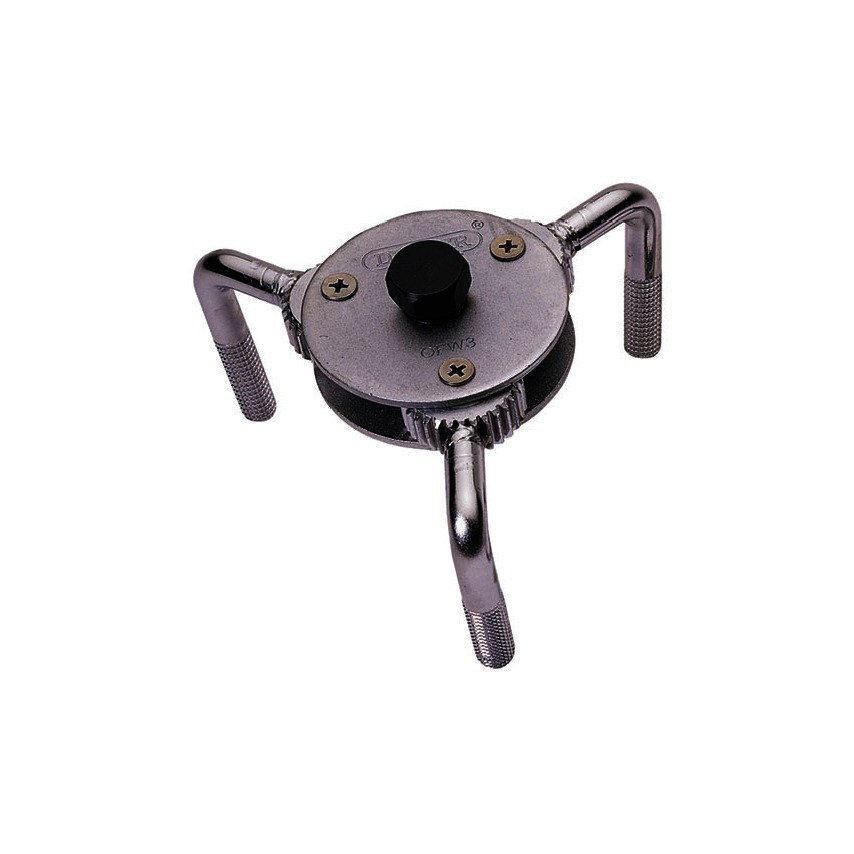 Three-legged oil filter wrench with a metallic finish, featuring a central adjustment knob and rubber grip, designed for filters with a capacity of 75 to 120mm.