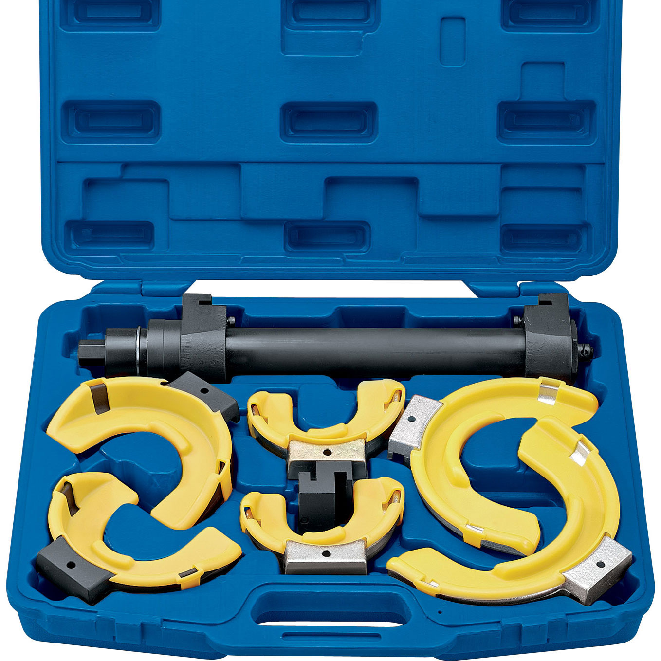Coil spring compressor kit in a blue plastic case, featuring a black central rod and yellow and silver clamps for secure spring handling.
