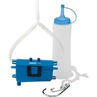 Blue Draper motorcycle chain cleaning kit with fluid bottle, brush box, and hanging hooks.