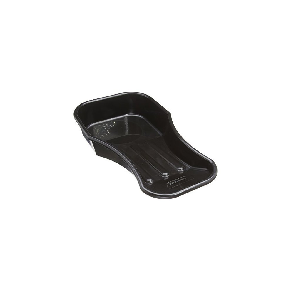 Black plastic motorcycle oil drain pan with a contoured design, featuring raised edges and three drain channels for efficient oil collection.