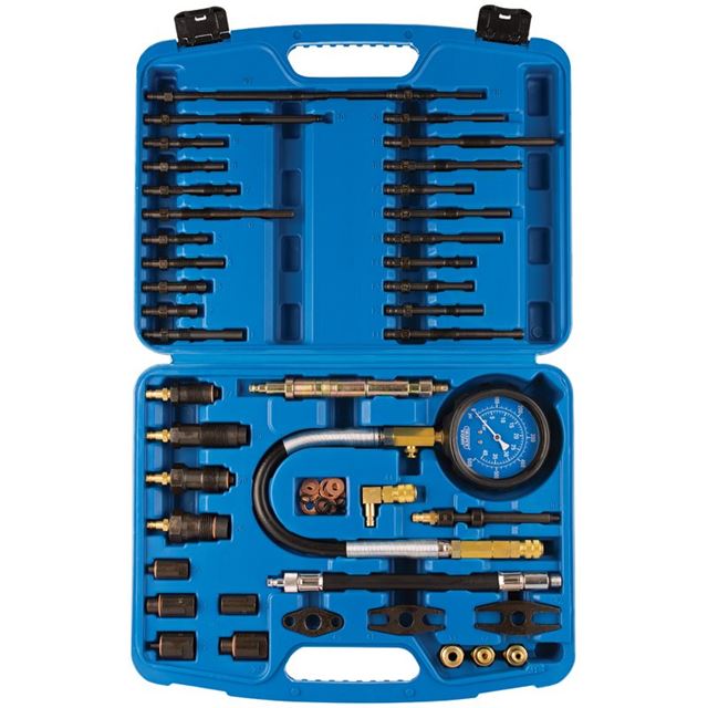 Blue plastic case containing a variety of engine compression testing tools, including a pressure gauge, multiple adapters, and connectors, organized neatly in designated slots.