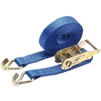 Blue Draper ratchet tie down strap, 6m x 35mm, with metal hooks and ratchet mechanism.