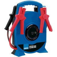 Blue Draper retractable booster cables with red clamps and black reel handle, 3.5m length, 29mm² thickness.