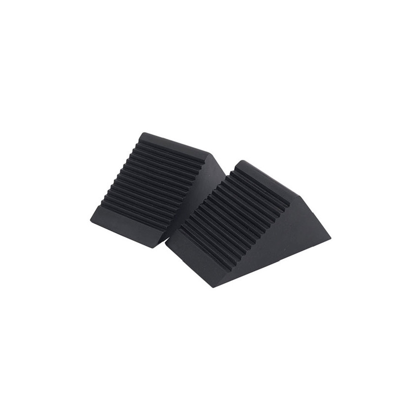 Two black rubber wheel chocks with a ribbed surface and angled design, ideal for securing vehicles and preventing movement.