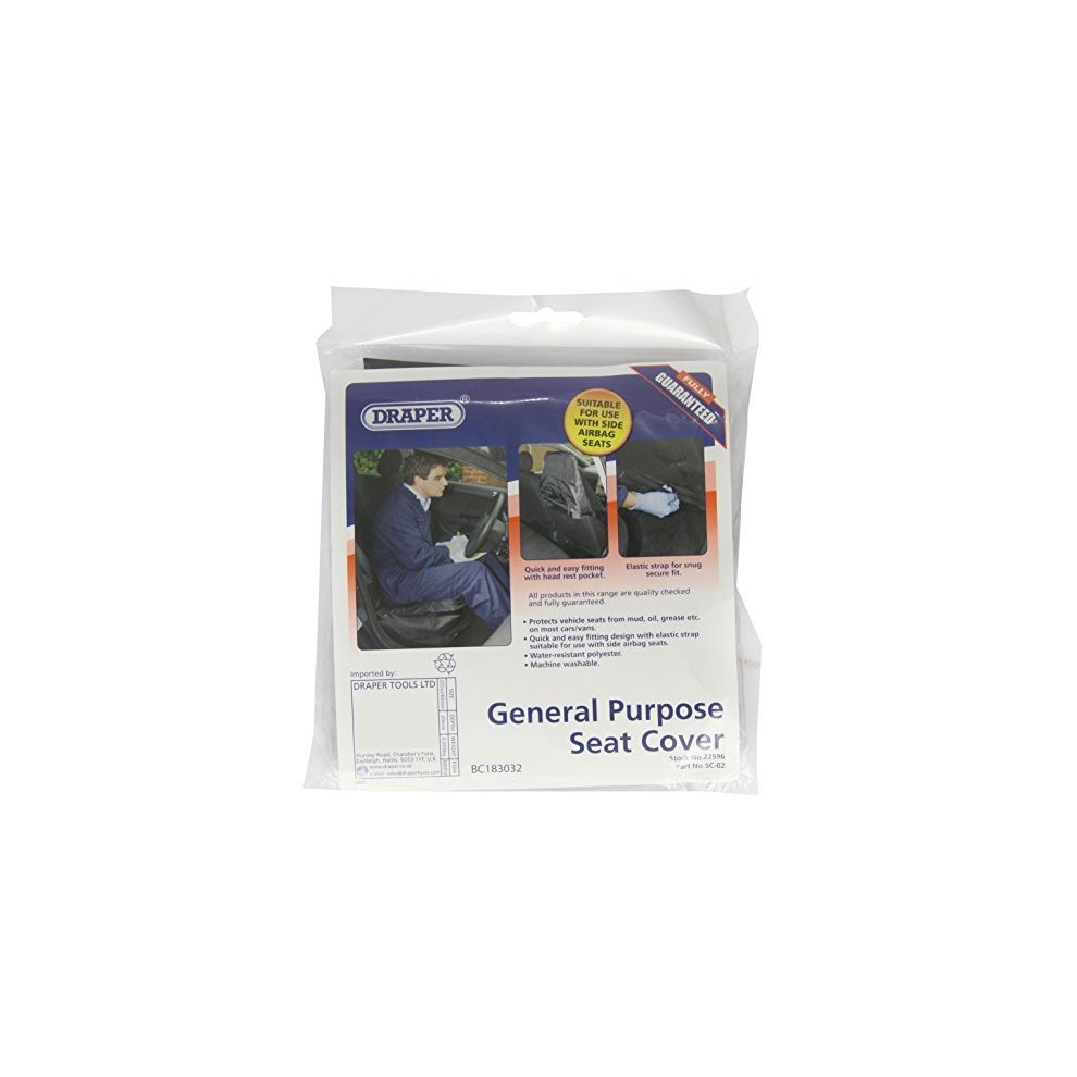 Draper 22596 side airbag compatible polyester front seat cover in a clear package, featuring images of installation and usage, with a general purpose label.