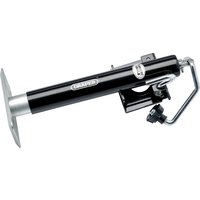 Black Draper trailer jack with silver base plate and handle, featuring a compact design and sturdy construction.