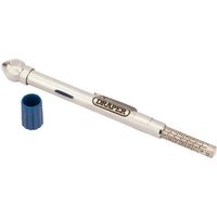 Silver Draper tyre pressure gauge with side mount, blue cap, and measurement scale on the handle.