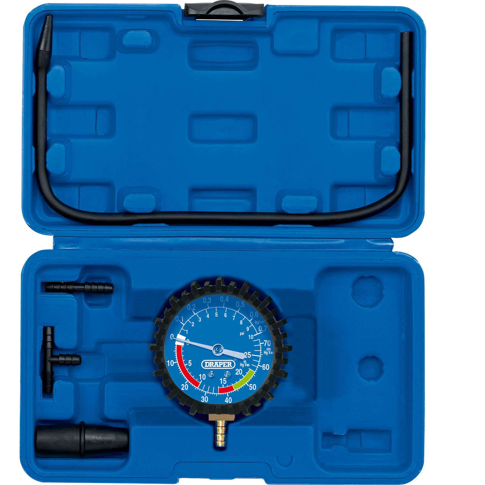 Draper 35881 Vacuum and Pressure Test Kit in a blue plastic case, featuring a round pressure gauge with a black dial and clear markings, along with various black connectors and hoses.