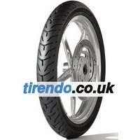 Dunlop D408 F H/D motorcycle front tire, black with grooved tread pattern, mounted on a silver alloy wheel.
