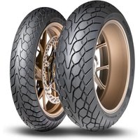 Dunlop Mutant motorcycle tyre, 110/80 R19, black with unique tread pattern and bronze rim, front wheel design.