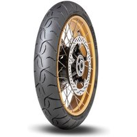 Dunlop Trailmax Meridian motorcycle tyre, 90/90 V21, black tread with unique pattern, mounted on a gold rim.