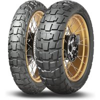 Dunlop Trailmax Raid motorcycle tyre, 150/70 R17, rugged tread pattern, black rubber, gold rim, rear fitment.