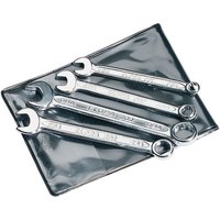 Elora 4 piece midget BA spanner set, silver wrenches with open and ring ends, in a transparent plastic pouch.
