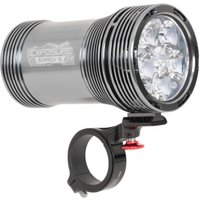Gray Exposure Six Pack Mk15 bike light with ribbed body, six LED bulbs, and black handlebar mount.