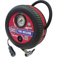 Faithfull 12v tyre inflator with analogue pressure gauge, red and black casing, coiled cable, and car adapter plug.