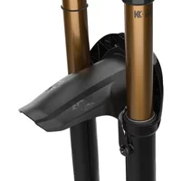 Black Fox Fork 36 and 38 mud guard with sleek design, mounted between gold and black suspension forks.