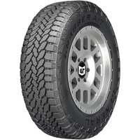 All-terrain tire with rugged tread pattern, black sidewall, and silver alloy rim, featuring kerbing rib for protection.