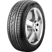 Hankook Winter i*cept evo tire, black with detailed tread pattern, mounted on a silver alloy wheel rim.