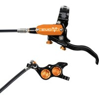 Black and orange Hope Tech 4 EVO TR4 hydraulic disc brake, rear left hand, with sleek lever and dual piston caliper.