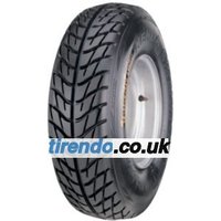 Kenda K546F tire, 25x8.00-12 size, black tread with V-shaped pattern, mounted on a silver rim.
