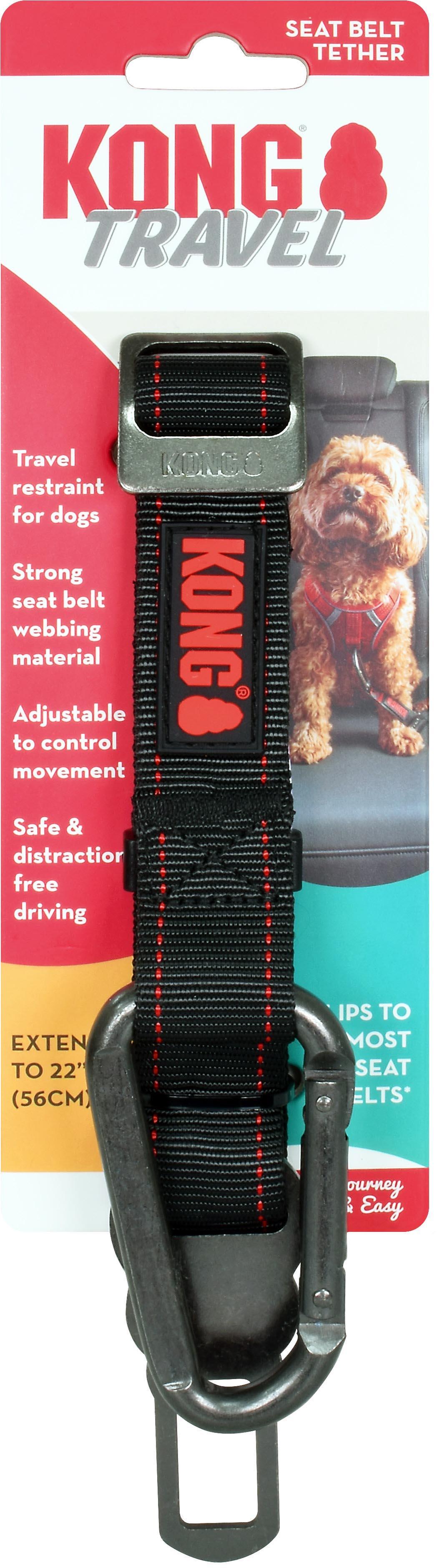 Black and red KONG Seat Belt Tether with metal clip and adjustable strap for dog safety in vehicles.