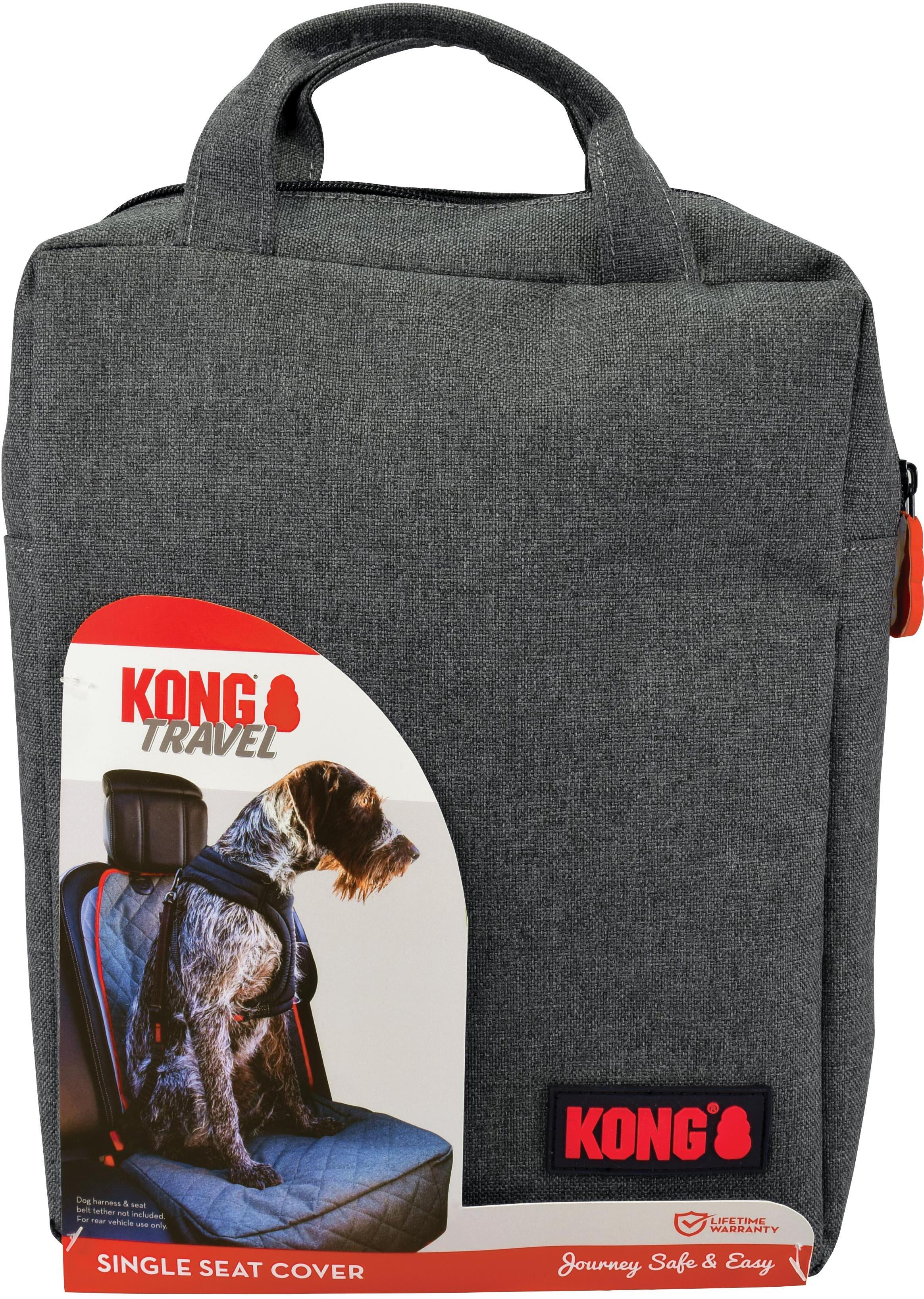 Gray KONG Single Seat Cover with quilted pattern, carrying handles, and red KONG logo on packaging featuring a dog.