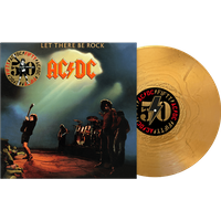 "Let There Be Rock 50th Anniversary gold vinyl record with album cover featuring band performing on stage"