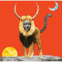 "Manticore vinyl cover by Vinyl Castle featuring a lion with a human face, horns, and a scorpion tail on a red background"