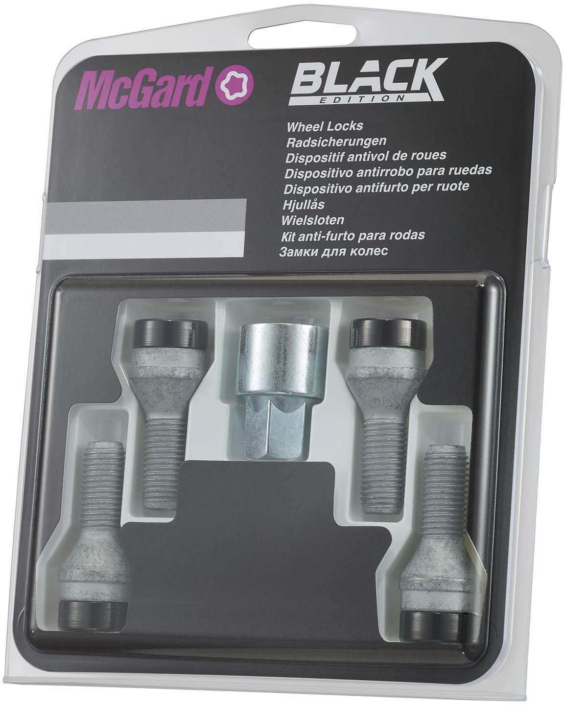Black McGard security locking wheel bolts set with four bolts and one key in clear packaging.