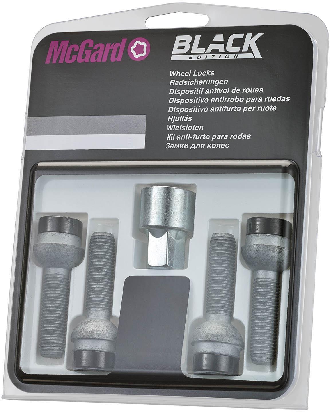 Black McGard wheel locking bolts set with four bolts and one key in clear packaging.