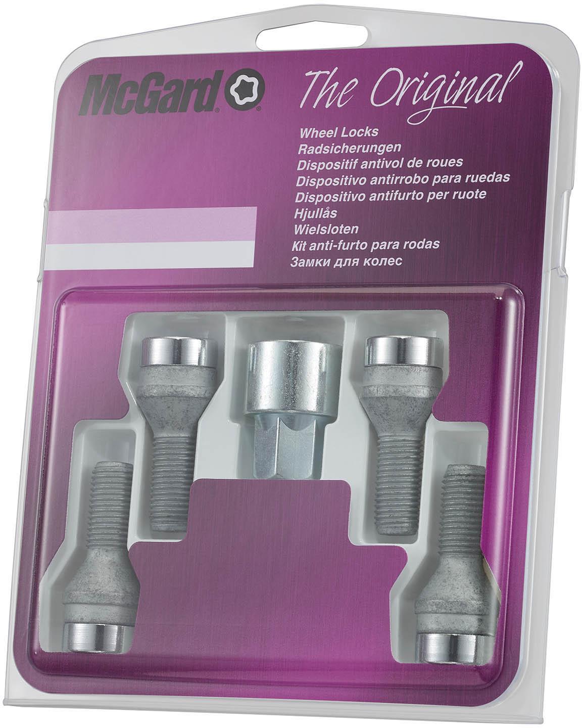"Set of four silver McGard locking wheel bolts with unique key pattern in purple packaging"