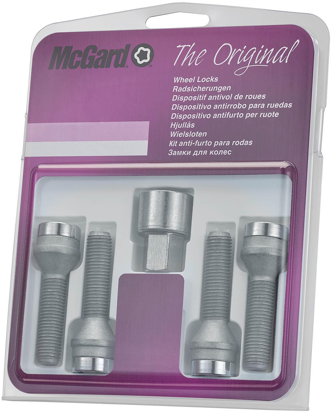 Silver McGard Locking Wheel Bolts set of four with key in purple packaging.