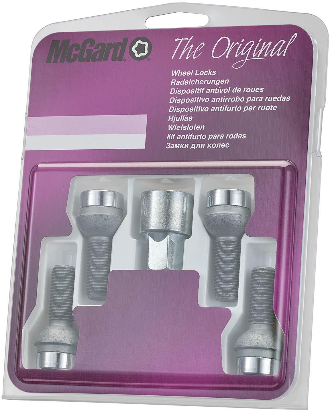 McGard Locking Wheel Bolts 28020SU, silver bolts with unique key pattern, in purple packaging.