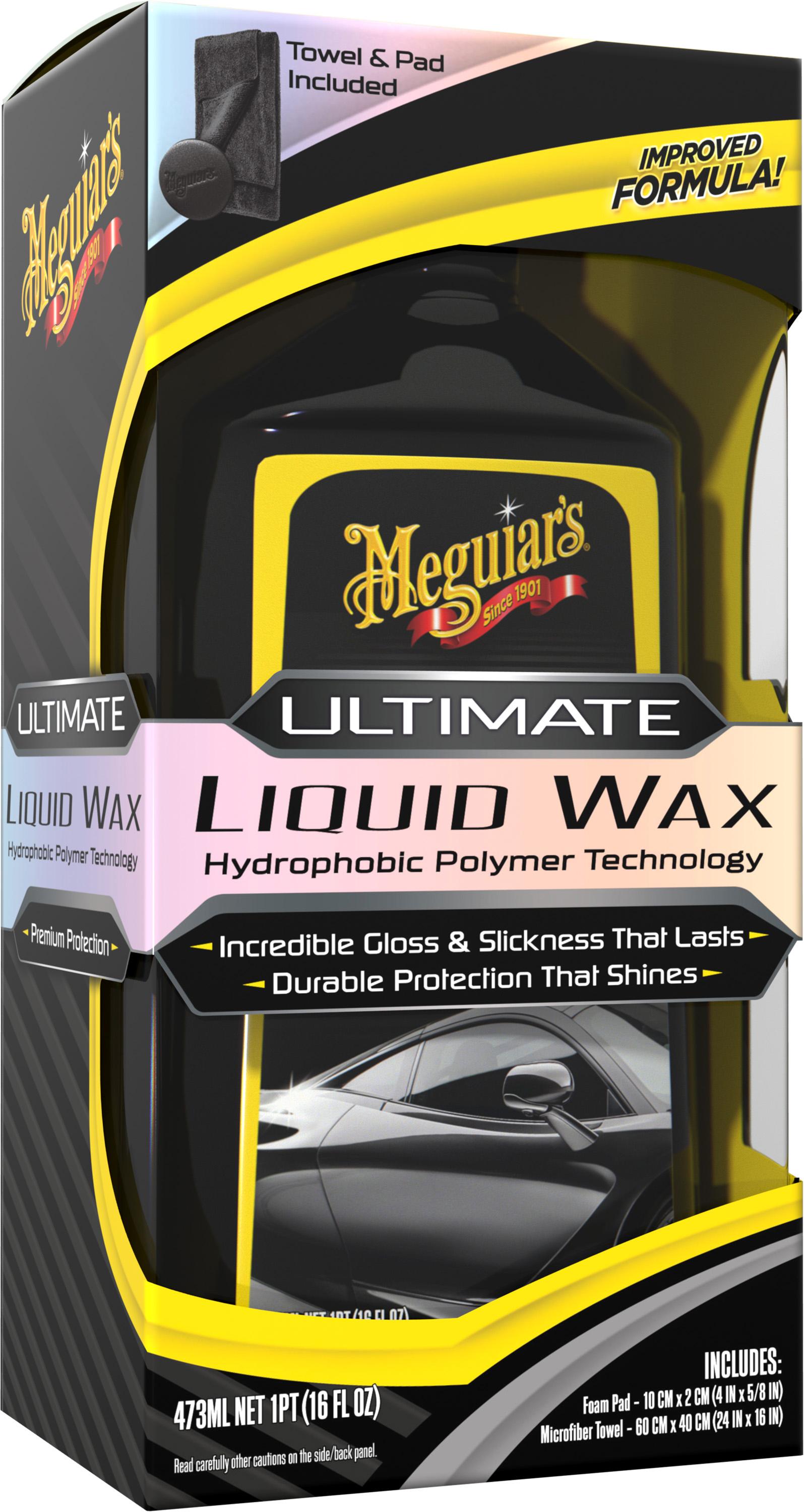 Black Meguiar's Ultimate Liquid Wax bottle with yellow accents, includes towel and pad, 473ml size.