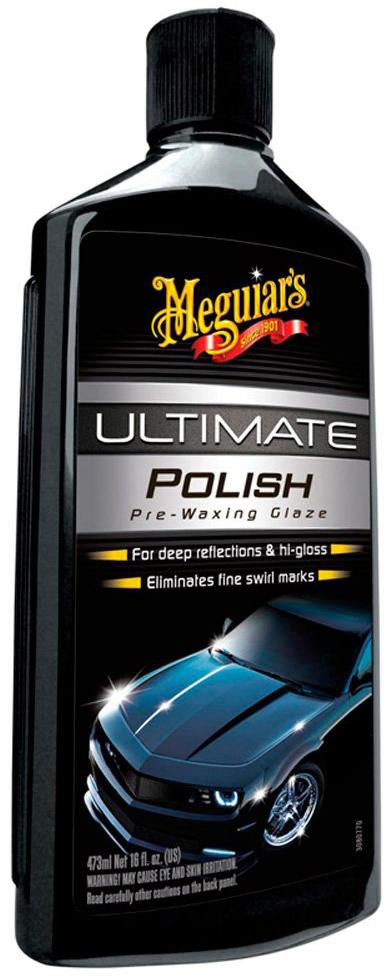 Black bottle of Meguiar's Ultimate Polish, 473ml, with a sleek car image and bold yellow logo on the label.
